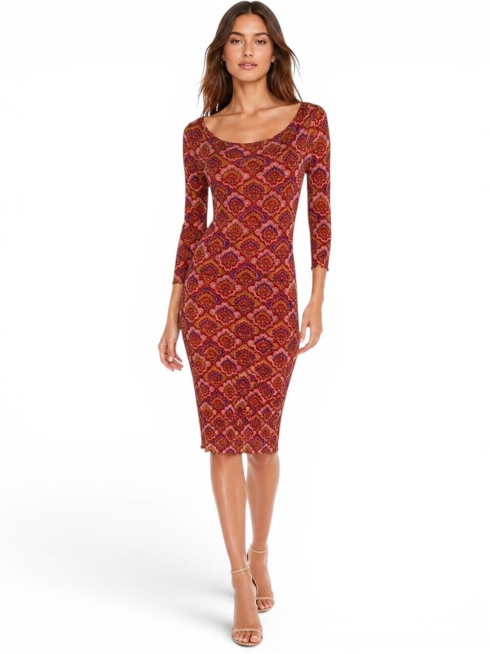 Weston Wear Fall Rich Tones Printed Patterned Stretch Mesh Dress L Petite PL